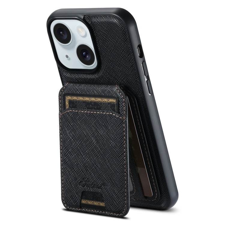 For iPhone 15 Suteni H18 Cross Grain MagSafe Wallet Leather Phone Case(Black) - iPhone 15 Cases by Suteni | Online Shopping South Africa | PMC Jewellery | Buy Now Pay Later Mobicred