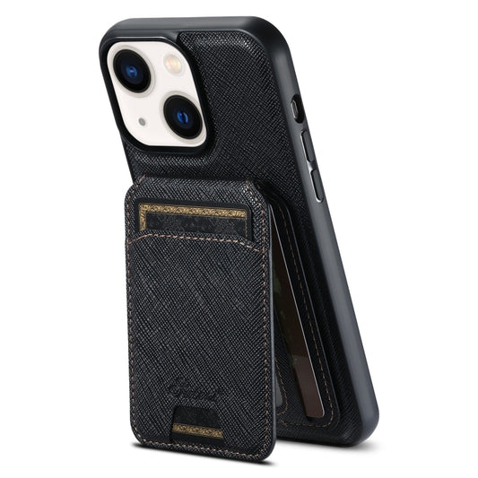 For iPhone 14 Plus Suteni H18 Cross Grain MagSafe Wallet Leather Phone Case(Black) - iPhone 14 Plus Cases by Suteni | Online Shopping South Africa | PMC Jewellery | Buy Now Pay Later Mobicred