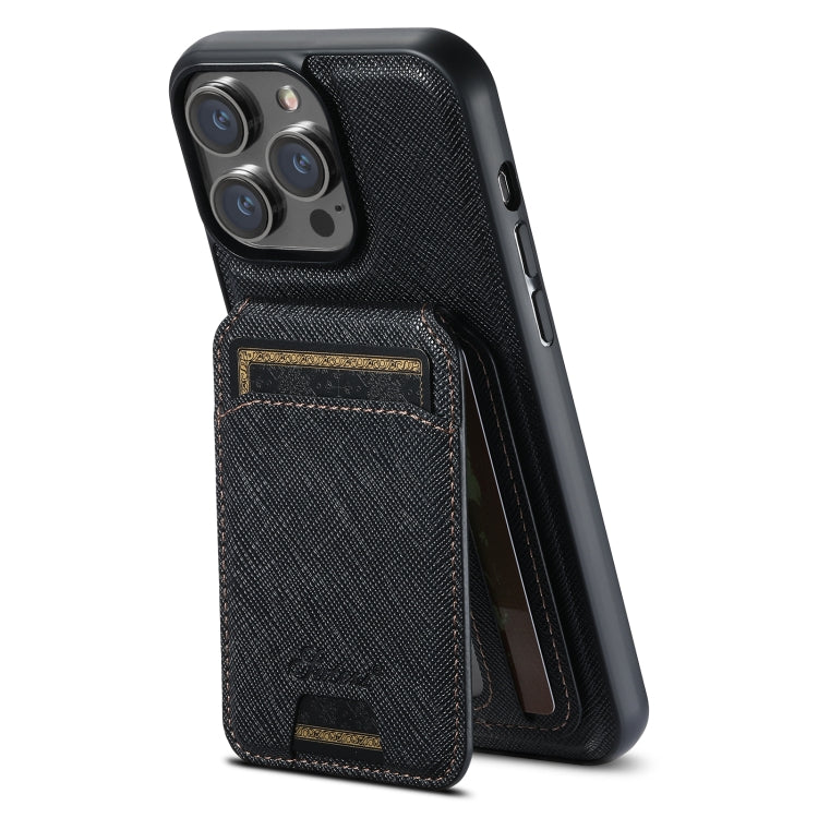 For iPhone 14 Pro Suteni H18 Cross Grain MagSafe Wallet Leather Phone Case(Black) - iPhone 14 Pro Cases by Suteni | Online Shopping South Africa | PMC Jewellery | Buy Now Pay Later Mobicred