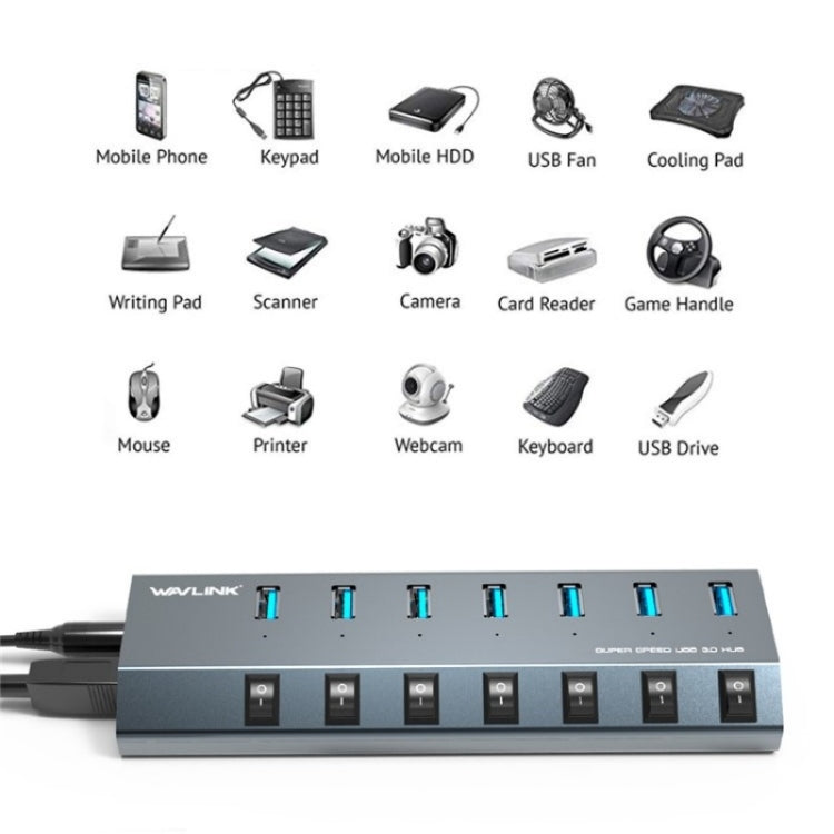 WAVLINK UH3076 5Gbps 7-port USB 3.0 Hub with Independent Switch and LED Indicator(US Plug) - USB 3.0 HUB by WAVLINK | Online Shopping South Africa | PMC Jewellery | Buy Now Pay Later Mobicred