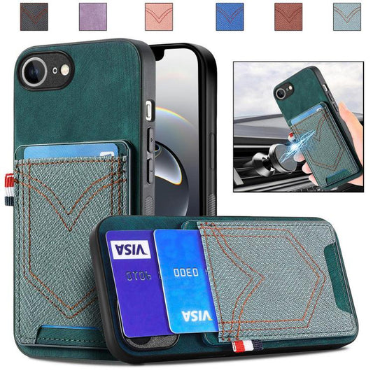 For iPhone 16e Denim Texture Leather Skin Phone Case with Card Slot(Green) - iPhone 16e Cases by PMC Jewellery | Online Shopping South Africa | PMC Jewellery | Buy Now Pay Later Mobicred