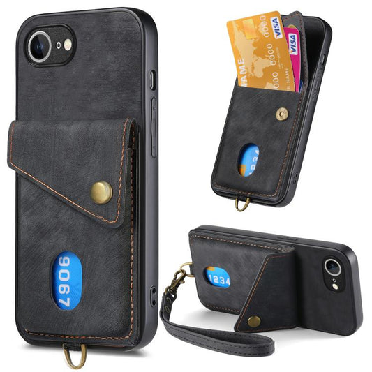 For iPhone 16e Retro Card Wallet Fold Leather Phone Case with Strap(Black) - iPhone 16e Cases by PMC Jewellery | Online Shopping South Africa | PMC Jewellery | Buy Now Pay Later Mobicred