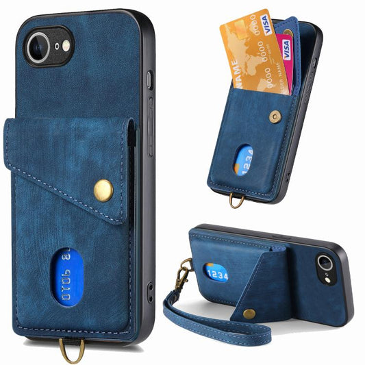 For iPhone 16e Retro Card Wallet Fold Leather Phone Case with Strap(Blue) - iPhone 16e Cases by PMC Jewellery | Online Shopping South Africa | PMC Jewellery | Buy Now Pay Later Mobicred