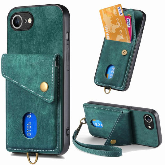 For iPhone 16e Retro Card Wallet Fold Leather Phone Case with Strap(Green) - iPhone 16e Cases by PMC Jewellery | Online Shopping South Africa | PMC Jewellery | Buy Now Pay Later Mobicred