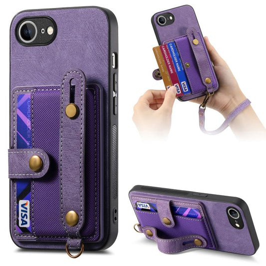 For iPhone 16e Retro Cross Wristband Wallet Leather Back Phone Case(Purple) - iPhone 16e Cases by PMC Jewellery | Online Shopping South Africa | PMC Jewellery | Buy Now Pay Later Mobicred