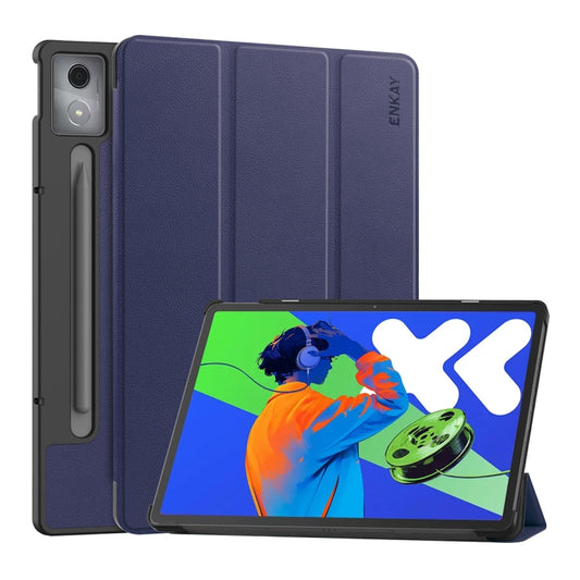 For Lenovo Xiaoxin Pad Pro 12.7 2025 ENKAY Tri-fold Custer Texture Platic Leather Smart Tablet Case(Dark Blue) - Lenovo by ENKAY | Online Shopping South Africa | PMC Jewellery | Buy Now Pay Later Mobicred