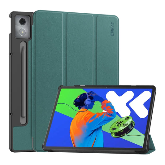 For Lenovo Xiaoxin Pad Pro 12.7 2025 ENKAY Tri-fold Custer Texture Platic Leather Smart Tablet Case(Dark Green) - Lenovo by ENKAY | Online Shopping South Africa | PMC Jewellery | Buy Now Pay Later Mobicred