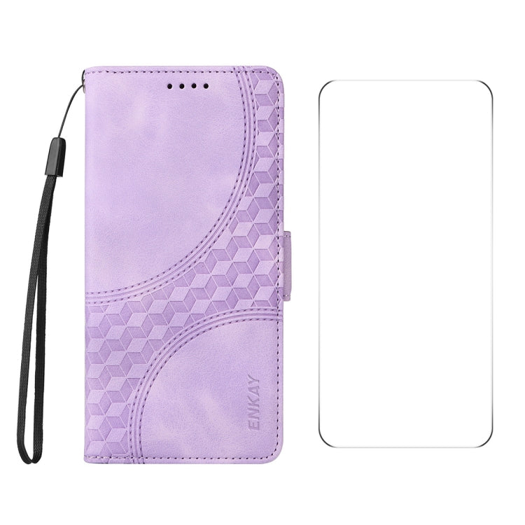 For iPhone 16e ENKAY Embossed Rhombus Starry Leather Phone Case with Screen Film(Purple) - iPhone 16e Cases by ENKAY | Online Shopping South Africa | PMC TechLife | Buy Now Pay Later Mobicred