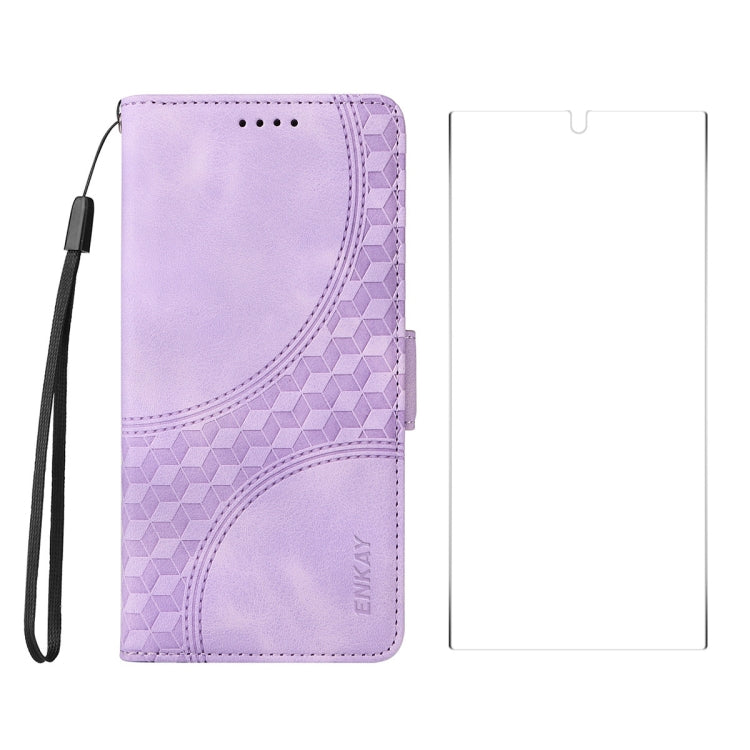 For Samsung Galaxy S25 Ultra 5G ENKAY Embossed Rhombus Starry Leather Phone Case with Screen Film(Purple) - Galaxy S25 Ultra 5G Cases by ENKAY | Online Shopping South Africa | PMC Jewellery | Buy Now Pay Later Mobicred