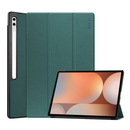 For Samsung Galaxy Tab S10 Ultra / S9 Ultra ENKAY Tri-fold Custer Texture Plastic Leather Smart Tablet Case with Pen Slot(Dark Green) - Galaxy Tab S9 Ultra Cases by ENKAY | Online Shopping South Africa | PMC Jewellery | Buy Now Pay Later Mobicred