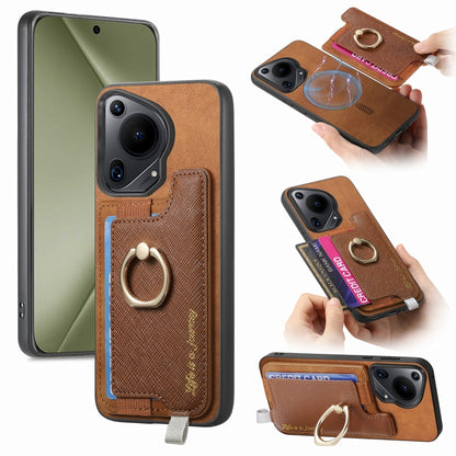 For Huawei Pura 70 Ultra Retro Magsafe Cross Leather Ring Holder Card Bag Phone Case(Brown) - Huawei Cases by PMC Jewellery | Online Shopping South Africa | PMC Jewellery | Buy Now Pay Later Mobicred