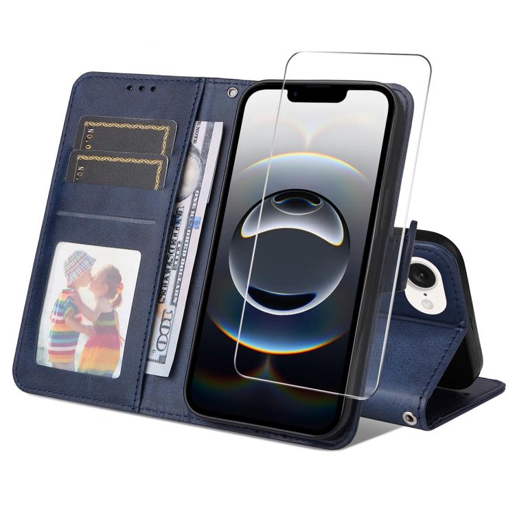 For iPhone 16e ENKAY Card Wallet Calf Texture Leather Phone Case with Screen Film(Blue) - iPhone 16e Cases by ENKAY | Online Shopping South Africa | PMC TechLife | Buy Now Pay Later Mobicred