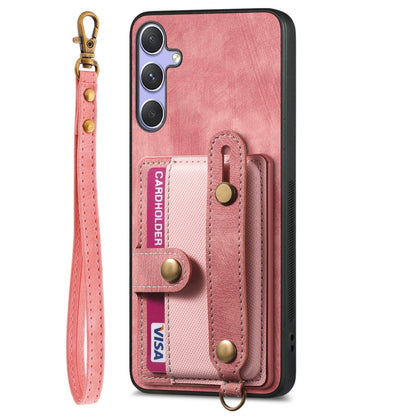 For Samsung Galaxy S25 5G Retro Cross Wristband Wallet Leather Back Phone Case(Pink) - Galaxy S25 5G Cases by PMC Jewellery | Online Shopping South Africa | PMC Jewellery | Buy Now Pay Later Mobicred