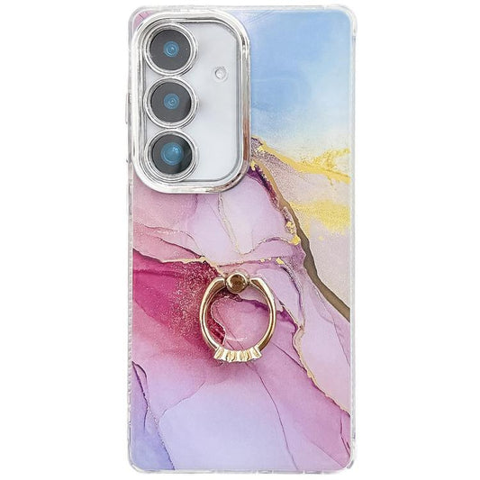 For Samsung Galaxy S25 5G Electroplated Marble Texture Ring Holder Phone Case(Gold Pink Red  S12) - Galaxy S25 5G Cases by PMC Jewellery | Online Shopping South Africa | PMC Jewellery | Buy Now Pay Later Mobicred