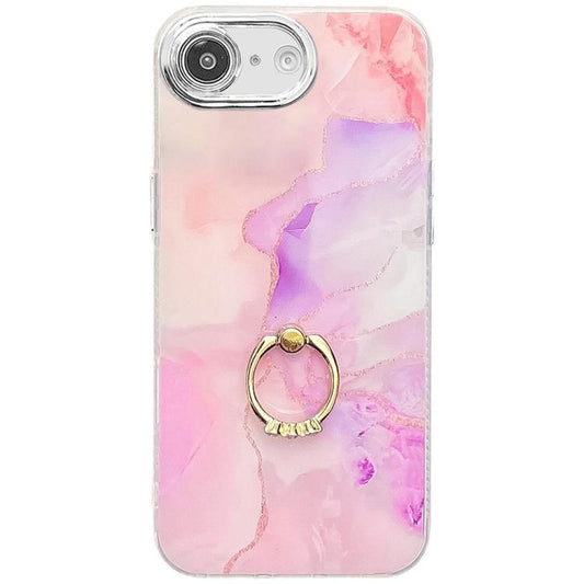 For iPhone 16e Electroplated Marble Texture Ring Holder Phone Case(Pink Purple S4) - iPhone 16e Cases by PMC Jewellery | Online Shopping South Africa | PMC Jewellery | Buy Now Pay Later Mobicred