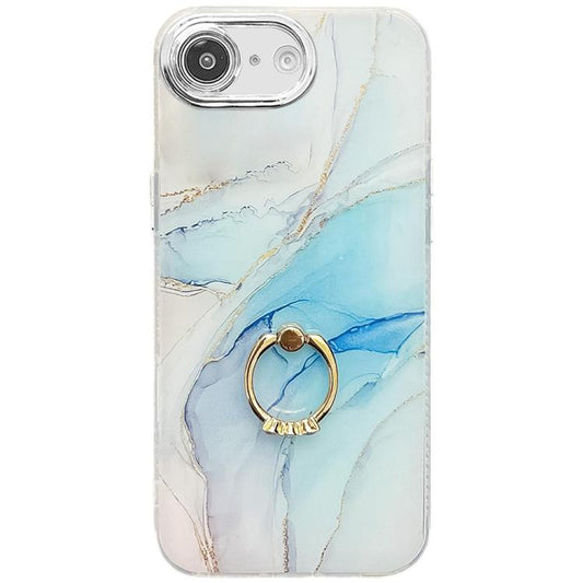 For iPhone 16e Electroplated Marble Texture Ring Holder Phone Case(Light Blue S5) - iPhone 16e Cases by PMC Jewellery | Online Shopping South Africa | PMC Jewellery | Buy Now Pay Later Mobicred