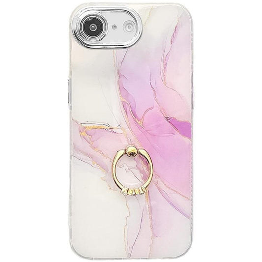 For iPhone 16e Electroplated Marble Texture Ring Holder Phone Case(Light Purple S6) - iPhone 16e Cases by PMC Jewellery | Online Shopping South Africa | PMC Jewellery | Buy Now Pay Later Mobicred