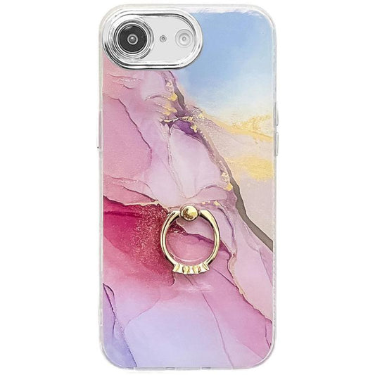 For iPhone 16e Electroplated Marble Texture Ring Holder Phone Case(Gold Pink Red S12) - iPhone 16e Cases by PMC Jewellery | Online Shopping South Africa | PMC Jewellery | Buy Now Pay Later Mobicred