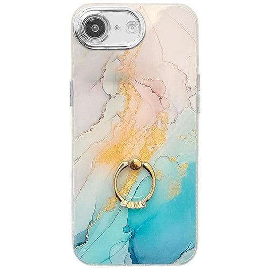 For iPhone 16e Electroplated Marble Texture Ring Holder Phone Case(Yellow Green S13) - iPhone 16e Cases by PMC Jewellery | Online Shopping South Africa | PMC Jewellery | Buy Now Pay Later Mobicred