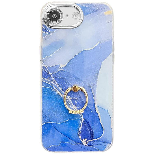 For iPhone 16e Electroplated Marble Texture Ring Holder Phone Case(Dark Blue S16) - iPhone 16e Cases by PMC Jewellery | Online Shopping South Africa | PMC Jewellery | Buy Now Pay Later Mobicred