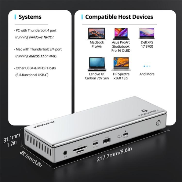 WAVLINK UTD45 96W Charging 8K / 4K Display Thunderbolt 4 Docking Station 13-in-1 Hub(UK Plug) - free shipping - PMc TechLife - Order now!