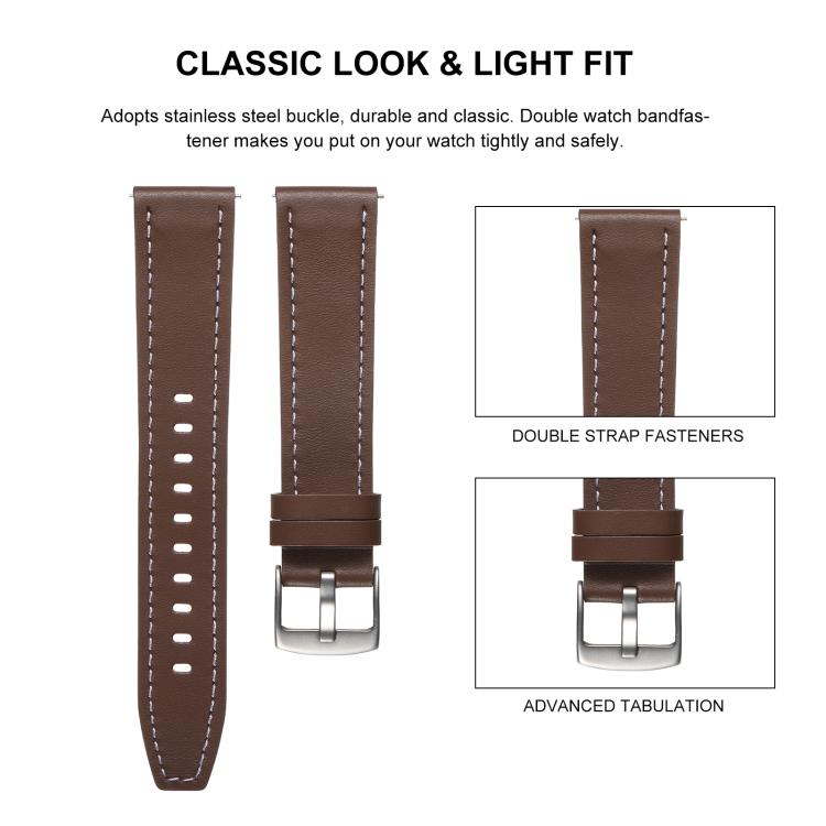 22mm Push Button Silver Steel Buckle Genuine Leather Watch Band(Brown) - free shipping - PMC TechLife - Order now!