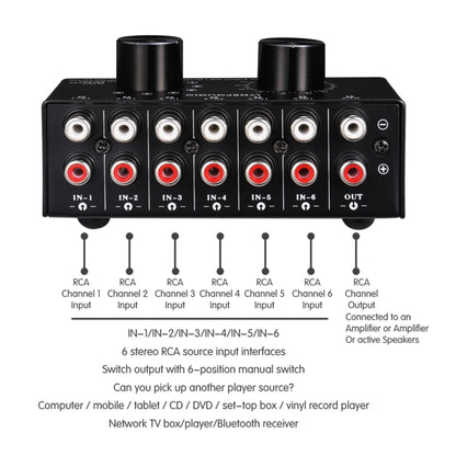 B016 6 Input 1 Output Audio Signal Source Selection Switcher, Output Volume Adjustment Control RCA Port -  by PMC Jewellery | Online Shopping South Africa | PMC Jewellery | Buy Now Pay Later Mobicred