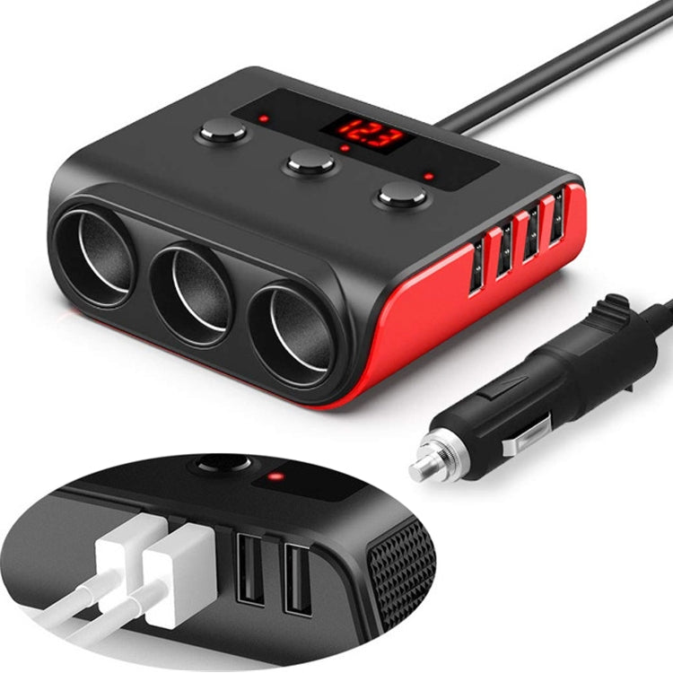 TR12 3 in 1 100W 4USB Car Cigarette Lighter with Switch Voltage Display(Black Red) - Cigar Socket by PMC Jewellery | Online Shopping South Africa | PMC Jewellery | Buy Now Pay Later Mobicred