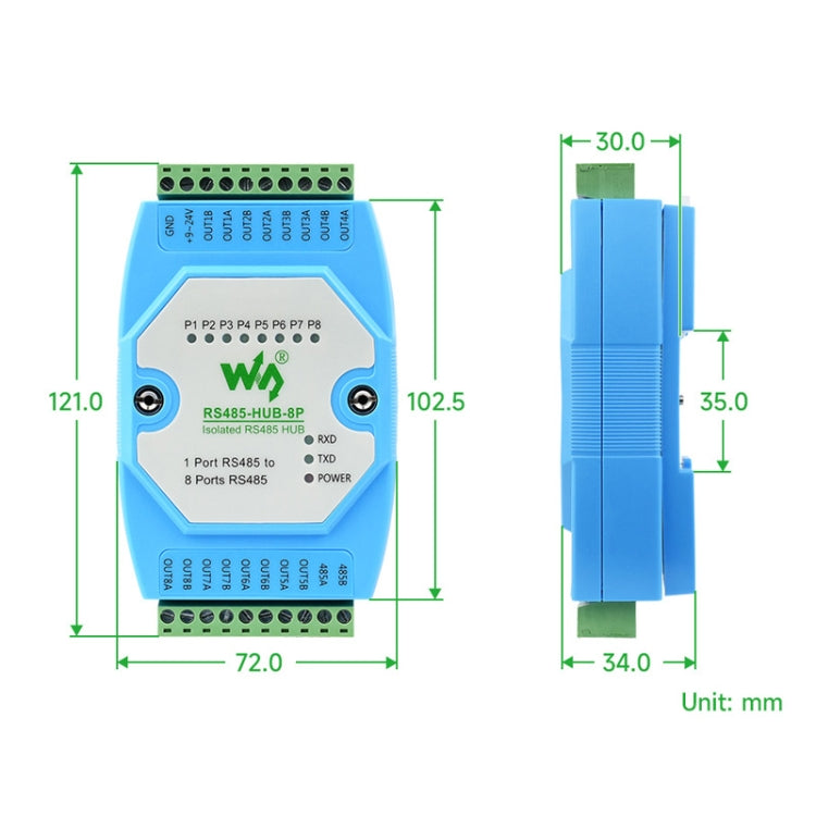 Waveshare RS485-HUB-8P Industrial-grade Isolated 8-ch RS485 Hub, Rail-mount Support, Wide Baud Rate Range - free shipping - PMC Jewellery - Order now!