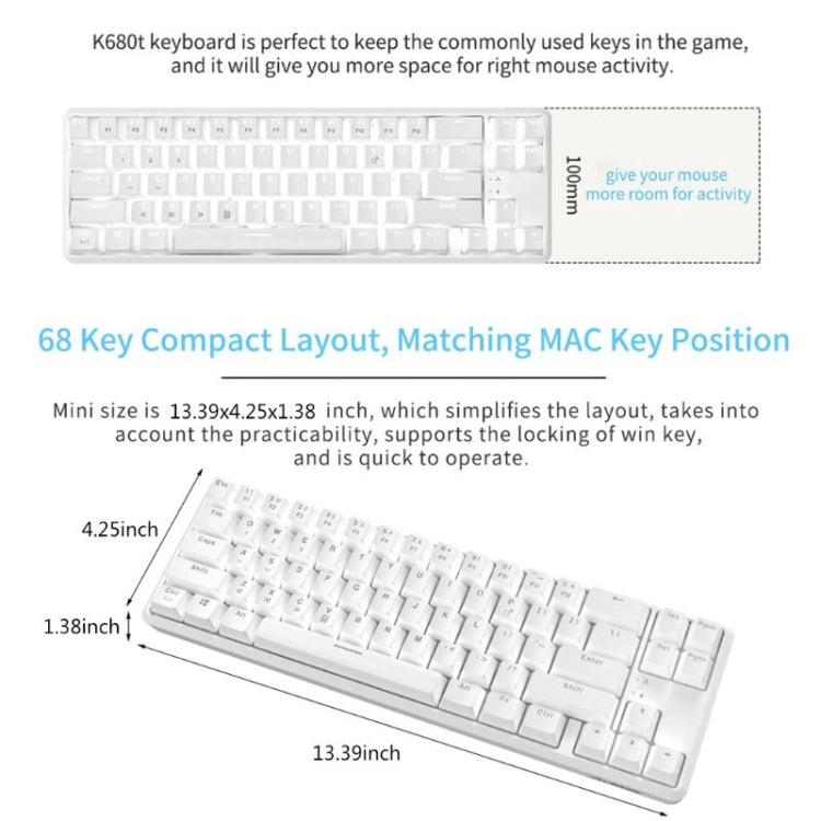 Ajazz K680T Mini USB Wired Dual-mode Charging 68-keys Laptop Bluetooth Mechanical Keyboard, Cable Length: 1.6m, Style:Black Shaft(White) - Wired Keyboard by Ajazz | Online Shopping South Africa | PMC Jewellery | Buy Now Pay Later Mobicred