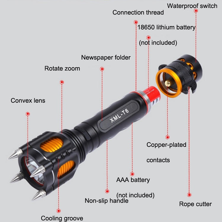 Outdoor LED T6 Strong Light Rechargeable Flashlight Car Safety Hammer Multi-Function Aelf-Defense Flashlight(Single Flashlight) - LED Flashlight by PMC TechLife | Online Shopping South Africa | PMC TechLife | Buy Now Pay Later Mobicred