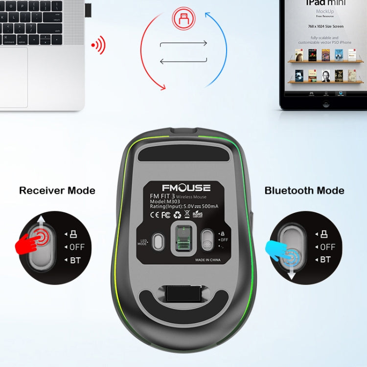Fmouse M303 2400DPI Bluetooth&2.4G Dual Modes Rechargeable RGB Mouse(White) - free shipping - PMC Jewellery - Order now!