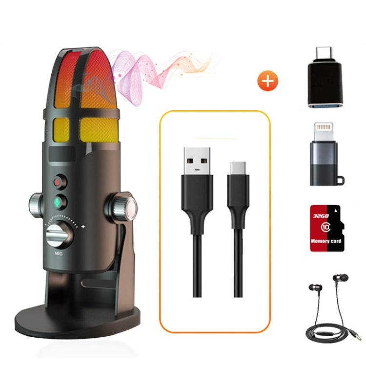 M9 RGB Condenser Microphone Built-in Sound Card,Style: Computer+Type-C+8pin+32G+3m Headphone - Microphone by PMC Jewellery | Online Shopping South Africa | PMC Jewellery | Buy Now Pay Later Mobicred