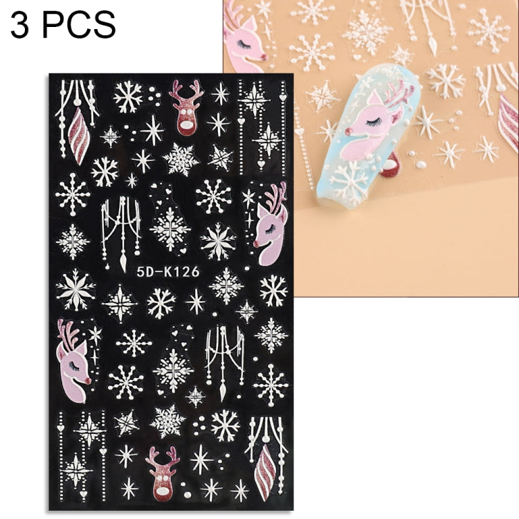 3 PCS 5D Embossed Nail Stickers Christmas Snowflake Elk Nail Stickers(5D-K126) - Nail Stickers by PMC Jewellery | Online Shopping South Africa | PMC Jewellery | Buy Now Pay Later Mobicred