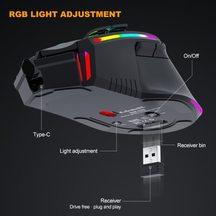 K-Snake BM520  9-button 3200DPI 2.4G RGB Wireless Dual-mode Gaming Mouse(Black) - Wireless Mice by K-Snake | Online Shopping South Africa | PMC Jewellery | Buy Now Pay Later Mobicred