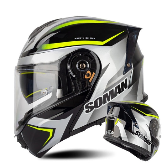 SOMAN Racing Motorcycle Double Lens Riding Safety Helmet, Size: L(Silver Gray Yellow Vision) - Helmets by SOMAN | Online Shopping South Africa | PMC Jewellery | Buy Now Pay Later Mobicred