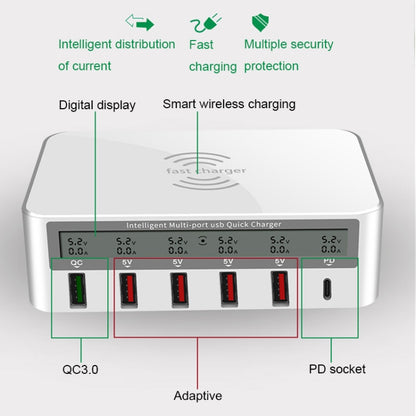 818PF 5 USB Ports + Type-C Smart Digital Display Wireless Phone Charger, Style: US Plug (Black) - Multifunction Charger by PMC Jewellery | Online Shopping South Africa | PMC Jewellery | Buy Now Pay Later Mobicred