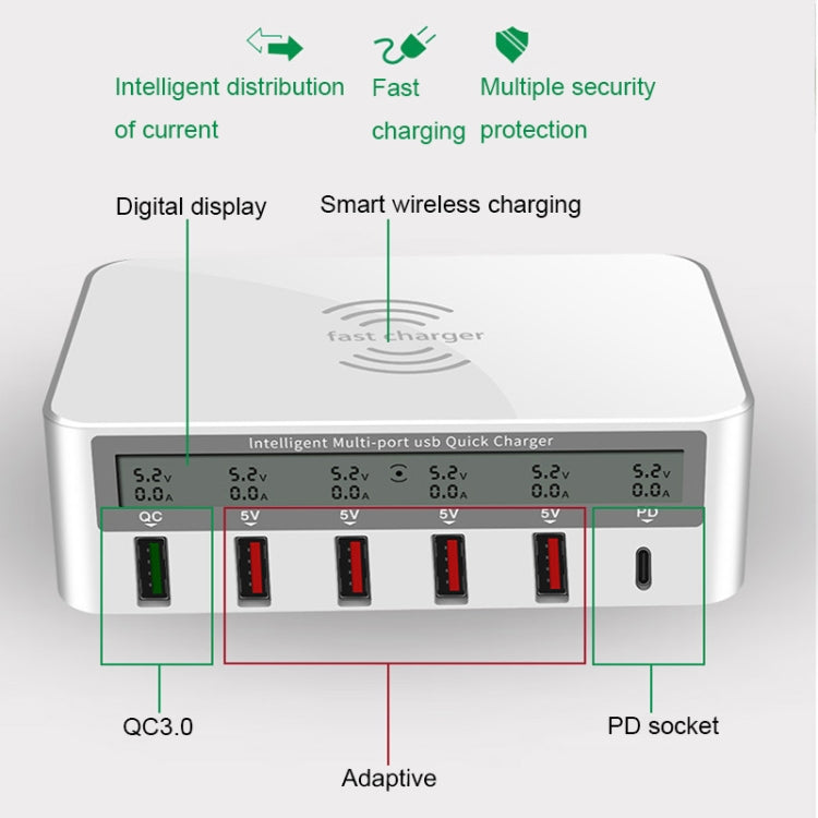 818PF 5 USB Ports + Type-C Smart Digital Display Wireless Phone Charger, Style: AU Plug (Black) - Multifunction Charger by PMC Jewellery | Online Shopping South Africa | PMC Jewellery | Buy Now Pay Later Mobicred