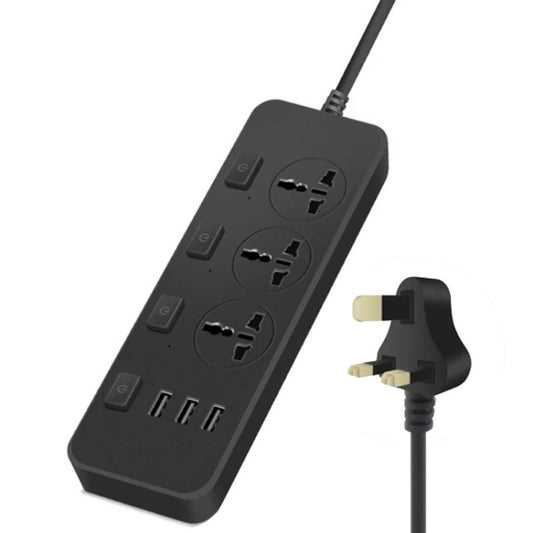 T14 2m 2500W 3 Plugs + 3-USB Ports Multifunctional Socket With Switch, Specification: UK Plug (Black) - Extension Socket by PMC Jewellery | Online Shopping South Africa | PMC Jewellery | Buy Now Pay Later Mobicred