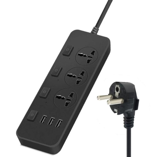 T14 2m 2500W 3 Plugs + 3-USB Ports Multifunctional Socket With Switch, Specification: EU Plug (Black) - Extension Socket by PMC Jewellery | Online Shopping South Africa | PMC Jewellery | Buy Now Pay Later Mobicred