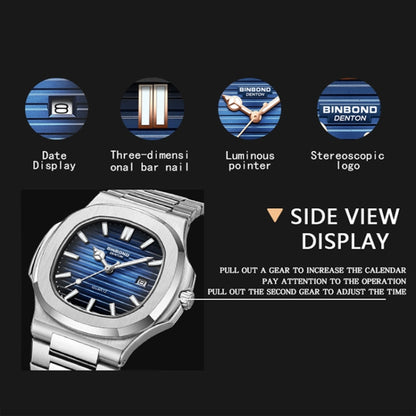 BINBOND B1885 30m Waterproof Retro Luminous Square Men Quartz Watch, Color: Rose Gold-Blue - Metal Strap Watches by BINBOND | Online Shopping South Africa | PMC Jewellery | Buy Now Pay Later Mobicred