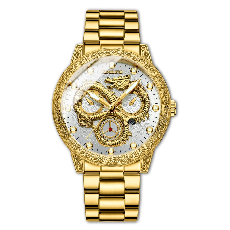 BINBOND B3030 Embossed Dragon Luminous Waterproof Quartz Watch, Color: Full-gold White - Metal Strap Watches by BINBOND | Online Shopping South Africa | PMC Jewellery | Buy Now Pay Later Mobicred