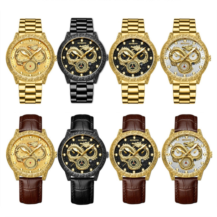 BINBOND B3030 Embossed Dragon Luminous Waterproof Quartz Watch, Color: Full-gold Black - Metal Strap Watches by BINBOND | Online Shopping South Africa | PMC Jewellery | Buy Now Pay Later Mobicred