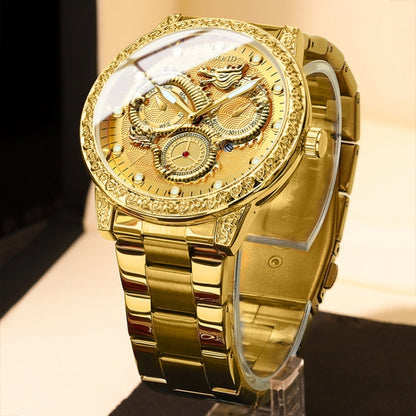 BINBOND B3030 Embossed Dragon Luminous Waterproof Quartz Watch, Color: Full-gold Black - Metal Strap Watches by BINBOND | Online Shopping South Africa | PMC Jewellery | Buy Now Pay Later Mobicred