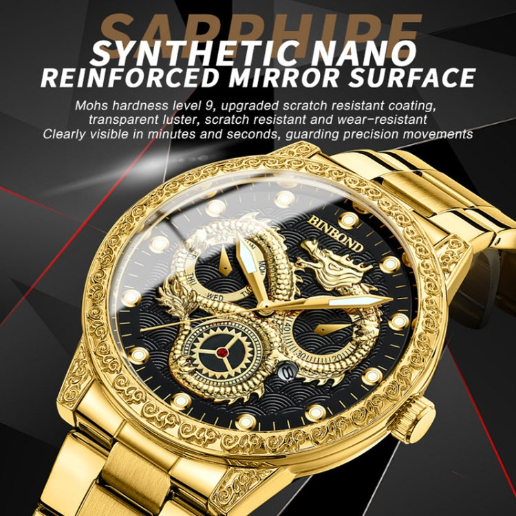 BINBOND B3030 Embossed Dragon Luminous Waterproof Quartz Watch, Color: Full-gold White - Metal Strap Watches by BINBOND | Online Shopping South Africa | PMC Jewellery | Buy Now Pay Later Mobicred