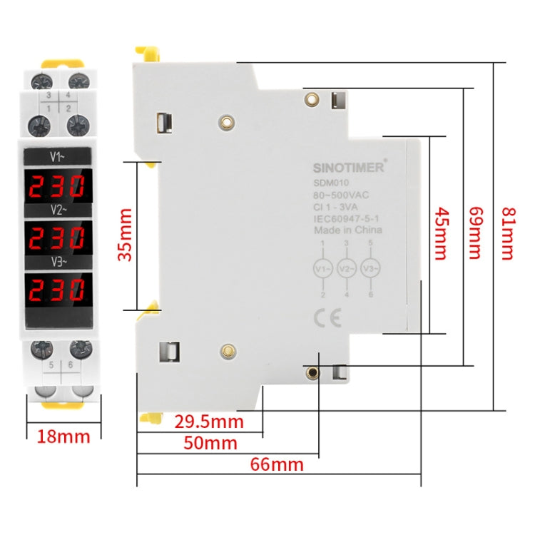 SINOTIMER SDM010 Modular Rail Type AC Three-Phase Digital Voltmeter Electronic Instrumentation - Current & Voltage Tester by SINOTIMER | Online Shopping South Africa | PMC Jewellery | Buy Now Pay Later Mobicred