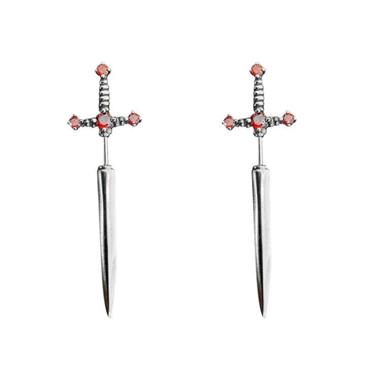 1pair Gothic Sword Earrings Ladies Vintage Crystal Diamond Ear Studs(Silver Red Diamond) - Stud Earrings & Earrings by PMC Jewellery | Online Shopping South Africa | PMC Jewellery | Buy Now Pay Later Mobicred