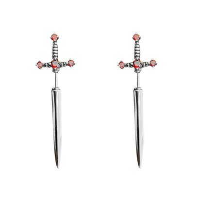 1pair Gothic Sword Earrings Ladies Vintage Crystal Diamond Ear Studs(Silver Red Diamond) - Stud Earrings & Earrings by PMC Jewellery | Online Shopping South Africa | PMC Jewellery | Buy Now Pay Later Mobicred