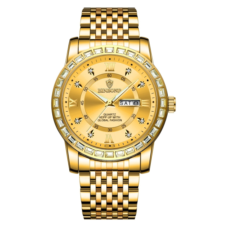 BINBOND B2202 Diamond Dual-calendar Luminous Quartz Watch, Color: Full-gold-Gold - Metal Strap Watches by BINBOND | Online Shopping South Africa | PMC Jewellery | Buy Now Pay Later Mobicred