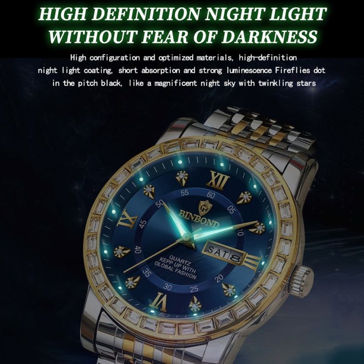 BINBOND B2202 Diamond Dual-calendar Luminous Quartz Watch, Color: Inter-gold-Black - Metal Strap Watches by BINBOND | Online Shopping South Africa | PMC Jewellery | Buy Now Pay Later Mobicred